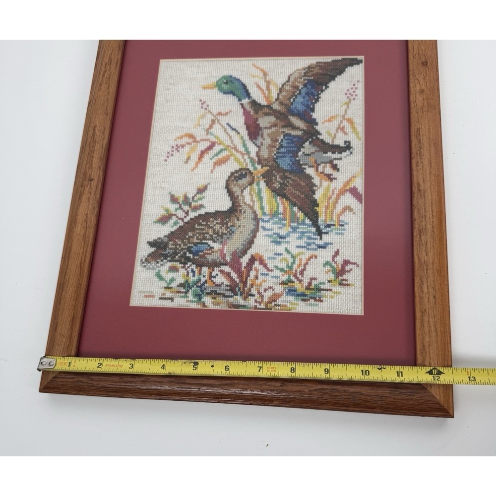 VTG Handmade‎ Mallard Ducks Cross-Stitch Matted Wood Frame Estate Sale Find - Picture 7 of 7